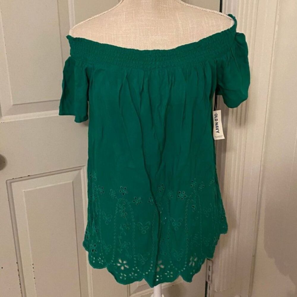 NWT Old Navy Green Off the Shoulder Eyelet Scalloped Hem Size L